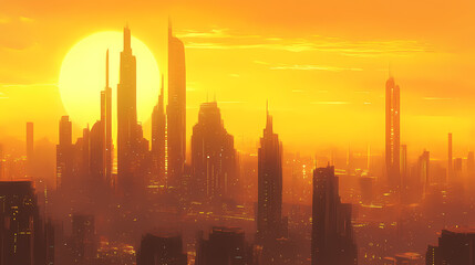 A golden yellow city skyline during sunset, creating a sense of hope and opportunity. Amber Horizon. Illustration