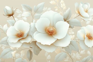 Elegant beige floral pattern design. Beautiful white flowers and leaves. Sophisticated background. Vintage and romantic style. Delicate floral motif. Classic and subtle colors. Seamless texture.