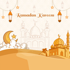 Social Media Post Design Template Ramadan Kareem with Landscape of Mosque in Desert. Flat Design Hand Drawn Illustration in Vibrant Color.