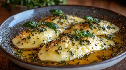 Four cheese ravioli with herbs and butter sauce.