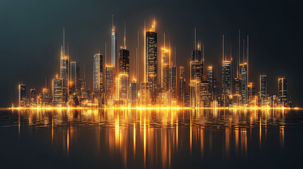 Fototapeta premium Futuristic city skyline with amber and navy neon lights. night scene with advanced skyscrapers. 3d render. Amber Horizon. Illustration