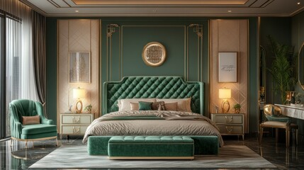 Luxurious green bedroom suite, city view