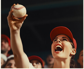 A group of fans catching a foul ball in the stands, their excitement captured mid-cheer.


