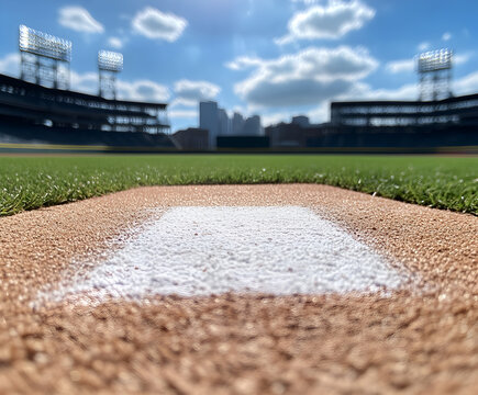 A dramatic view of the batter’s box, with the chalk lines perfectly defined under the bright sun.


