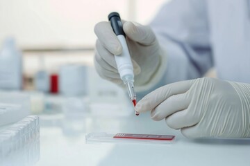 Scientist performs HIV rapid test. Person in lab coat with gloves uses dropper to add blood sample to test kit. Healthcare pro conducts diagnostics in lab setting. Test measures antibodies for HIV.
