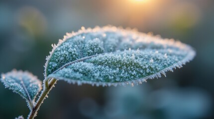 A close-up of a single leaf covered in frost crystals, captured on a cold winter morning with soft natural light highlighting its intricate details