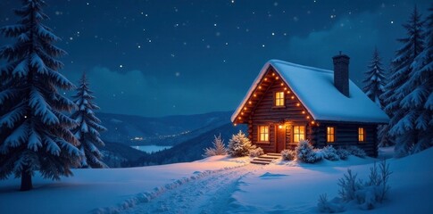 Fototapeta premium Cozy snow-covered cottage under starry night sky with twinkling Christmas lights, serene, snowy