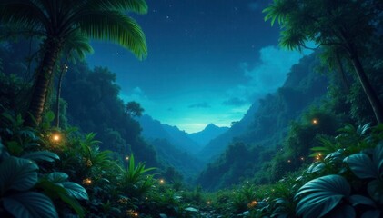 Lush jungle under a starry night sky with glowing plants, tropical, green, vines