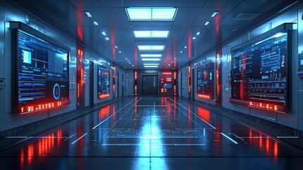 Futuristic spaceship corridor with glowing screens.