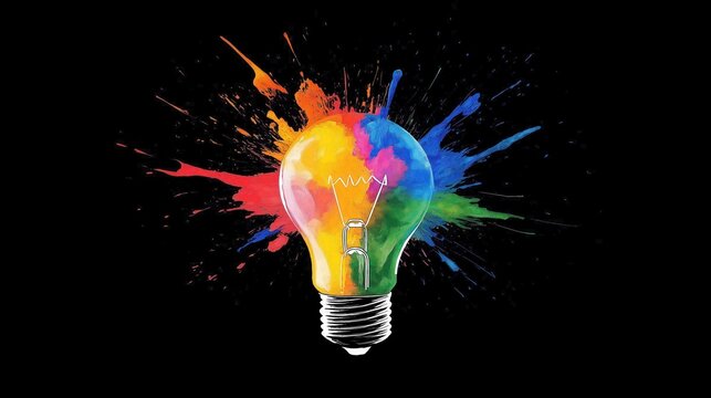 Colorful light bulb explodes with vibrant paint splashes on black background. Creative, energetic image represents innovation, unique ideas. Bulb filled with bright colors. Splashes demonstrate