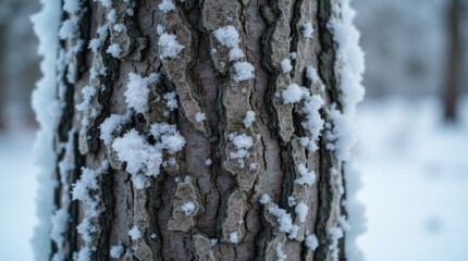 Frozen tree bark close-up, winter scene, icy texture