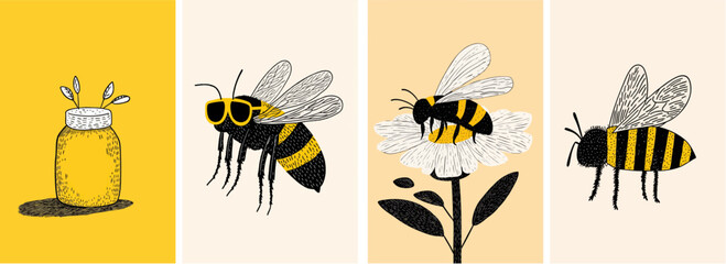Cute summer bumble bee doodle hand drawn style illustration