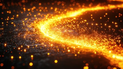 Fototapeta premium Glowing golden particles swirling trail on dark background.