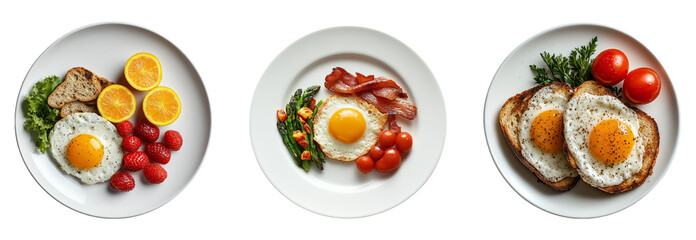 Three plates of breakfast with eggs, bacon, and fruits on a transparent background