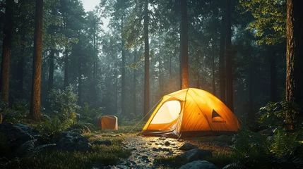 Foto op Canvas Glowing tent in a misty forest at sunrise. © mlangsen