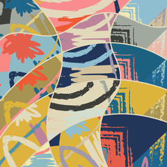 Abstract collage asymmetric pattern. Digital freehand art, grunge texture. Vector patchwork quilt background. Decorative elements, brush strokes ornament for flyer, poster, cover, textile fabric print