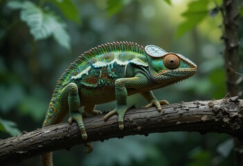 A vividly colored chameleon is perched on a dark brown branch, surrounded by a blurred background of lush green foliage.
