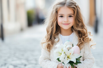 Naklejka premium Young girl with curly hair smiles while holding a bouquet of Easter lilies and a pastel egg, standing happily on a quaint cobblestone path in a spring setting