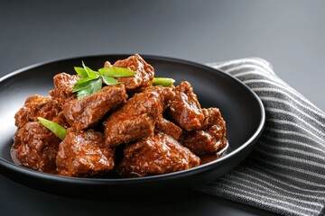 Indonesian traditional beef rendang on dark background. Indonesian spicy beef stew