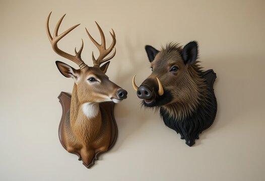 Two taxidermied animal heads, a deer and a boar, are mounted on a wall.