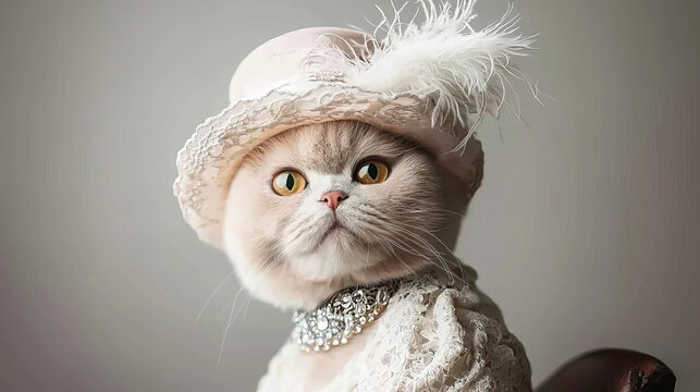 Fancy cat wearing a stylish hat with feathers and elegant jewelry in a soft-lit setting