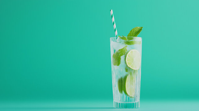 Erfrischendes Mojito mit Minze und Limetten auf gr&uuml;nem Hintergrund

