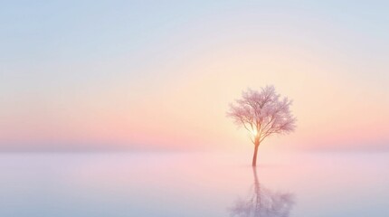 Fototapeta premium Serene Sunrise Illuminating a Single Tree in Japandi Style