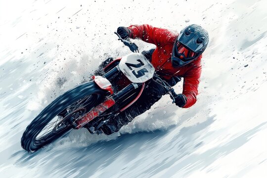 Here's a 10-word description of the image: Motorcycle racer speeds,