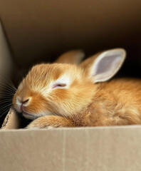 Kleine Kaninchenfreunde in einem Karton, bereit zum Spielen

