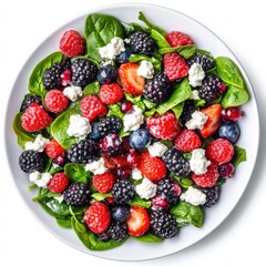 Fototapeta premium A refreshing mixed berry salad with spinach and goat cheese, isolated white background, abstract expressionist art style