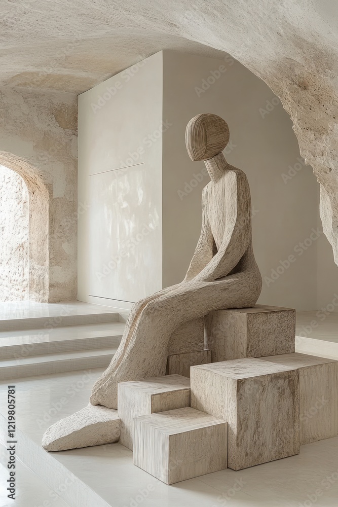 Wall mural Wooden sculpture sits on textured blocks, minimalist interior.