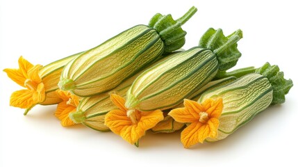 Fresh zucchini flowers and squash isolated on white background for culinary and decorative use 1