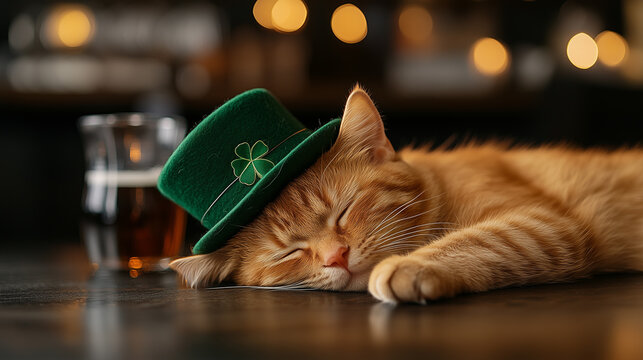 Orange cat in shamrock hat, sleeping next to beer glass on blurred pub background. Funny scene for St. Patrick's Day celebration, party and hangover theme