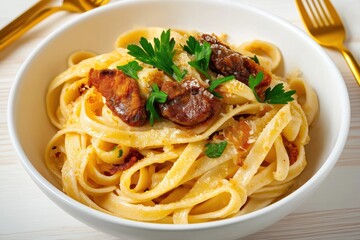 Delicious pasta linguine dish with fried chicken liver. Dish presented in white bowl on light wooden surface. Parsley, grated cheese sprinkled on top of pasta. Italian cuisine style. Homemade rustic
