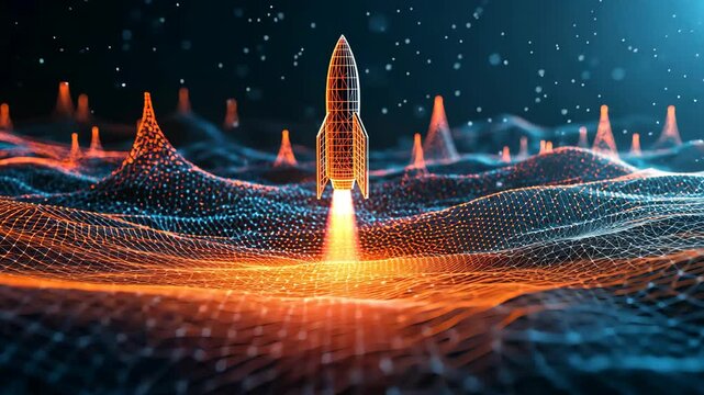 Rocket launching above a digital landscape filled with glowing lines and points