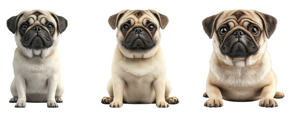 Fototapeta premium Three adorable pugs sitting in various poses on a transparent background