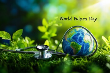 Globe on Stethoscope with Greenery, Symbolizing Health & Sustainability for World Pulses Day