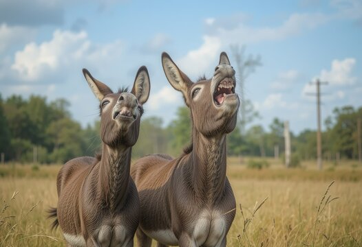 Two brown donkeys stand in a grassy field, their mouths open in what appears to be laughter, under a bright, partly cloudy sky.