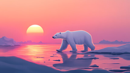 A polar bear walking across an icy tundra under a pastel-colored arctic sunset. Arctic Tundra. Illustration