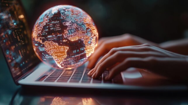 Person types on laptop global communication tech. Holographic earth globe above laptop keyboard. International connectivity concept. Modern tech for global communication. Multilingual software use.