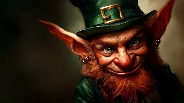 Close up of a creepy leprechaun in a green hat and suit with a red beard for St. Patrick's Day holiday motion footage. Fantasy creature video clip.