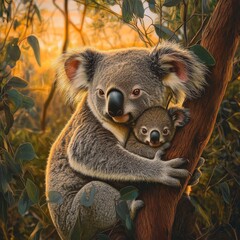Fototapeta premium A heartwarming scene of a koala mother embracing her joey on a eucalyptus tree in the golden sunset, symbolizing maternal warmth and the beauty of wildlife.