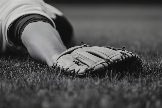 A player stretching in the outfield, his glove resting on the grass beside him.