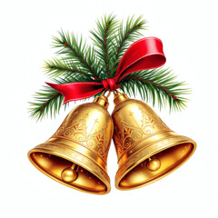 High-quality stock photo of realistic gold Christmas bells with embossed details and red ribbon, perfect for holiday-themed designs, cards, and decorations.