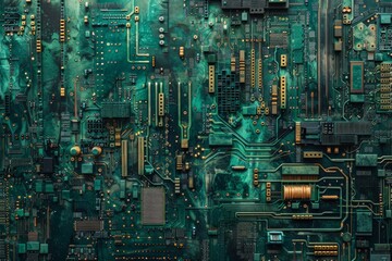 Close-up Macro Shot of Printed Circuit Board with Computer Motherboard Component Microchip. Neural network ai generated
