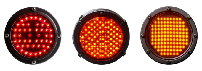 Red LED lights arranged in three patterns on a transparent background