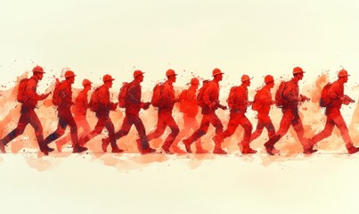 Obraz premium Red workers march, carrying packs.