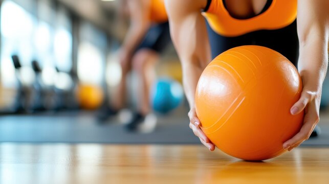 Dynamic athletic woman engaging in intensive sit-ups with a medicine ball