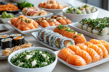 Assorted sushi platter on a table in natural light