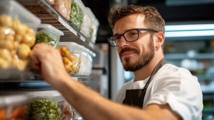 Chef selects fresh produce from the pantry with a focused expression